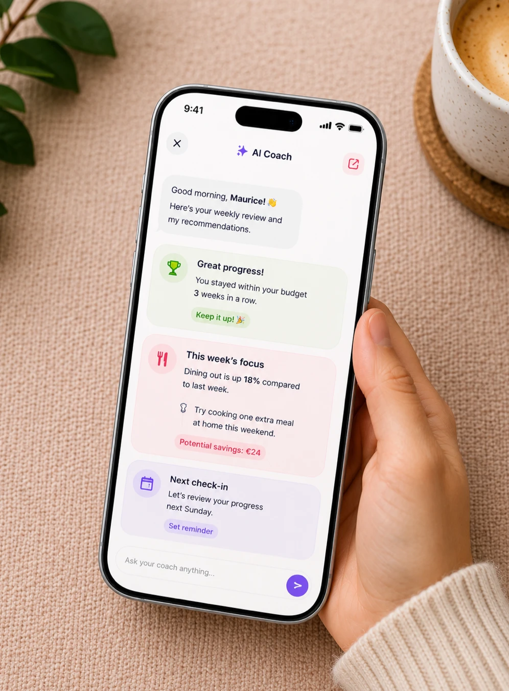 AI coach recommendations shown on a phone